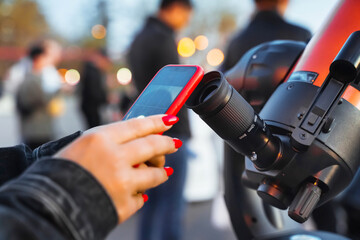 Viewing stars. A person is using a smartphone to capture images of the night sky while standing...