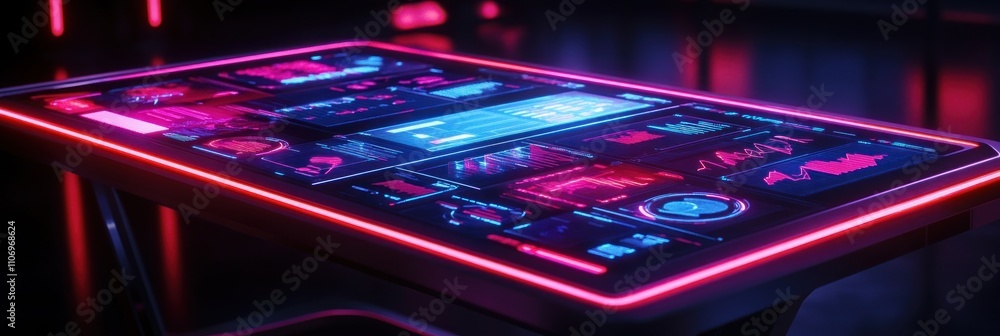 Aufkleber A futuristic touchscreen table displaying data and analytics in vibrant colors.