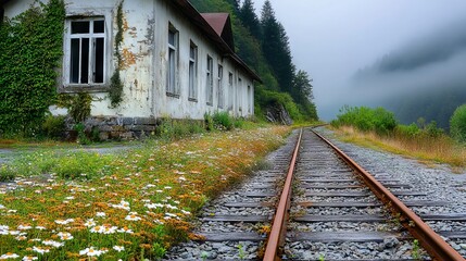 Obraz premium Abandoned Train Station Overtaken by Wildflowers