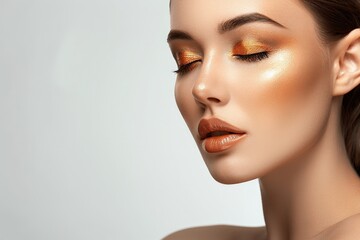 Naklejka premium Elegant Portrait of Woman with Golden Makeup and Natural Beauty