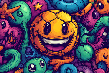 Joyful Soccer Ball in Vibrant Doodle Background, A Colorful Illustration of Playful Characters and Abstract Shapes