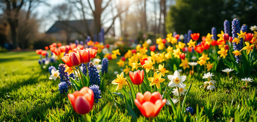 Obraz premium Beautiful well-kept spring garden. The green lawn emphasizes the full bloom of flowers in the mixborder. Diverse floral spectrum of tulips, daffodils, hyacinths. low angle shot, sunshine at background