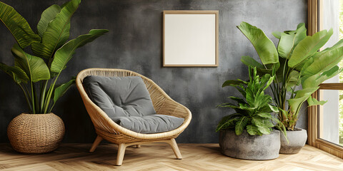Relaxing Room Interior, Wicker Chair, Plants, and Blank Canvas