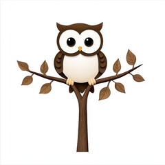 Fototapeta premium Cute cartoon owl perched on a stylized tree branch with leaves, featuring large expressive eyes and a friendly demeanor in a charming and whimsical design.