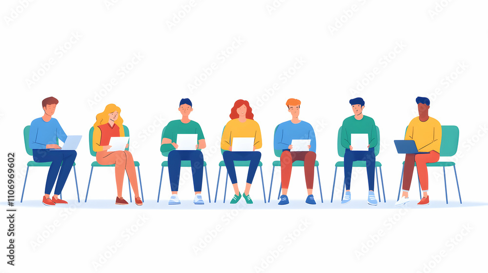 Poster diverse team working together, colorful illustration of professionals collaborating on projects usin