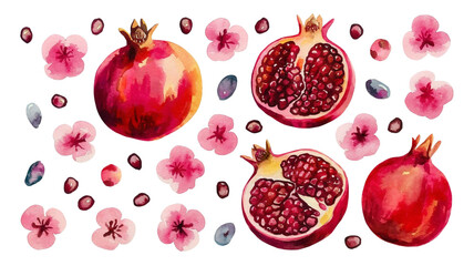 Red ripe pomegranate fruit and pomegranate cut, pomegranate flower branch and leaves, watercolor pomegranate illustration, botanical illustration