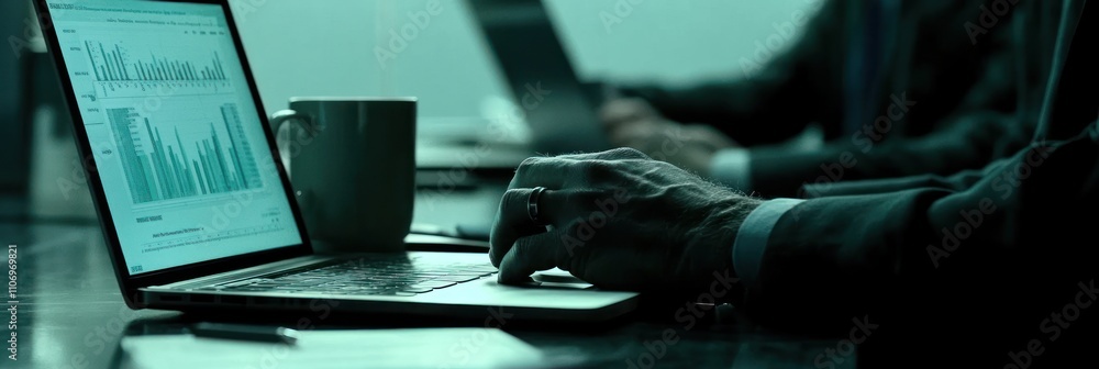 Poster a close-up of a hand typing on a laptop with graphs displayed, suggesting a business meeting.