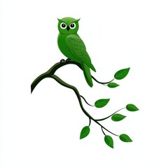 Fototapeta premium Bright and Vibrant Green Owl Sitting on a Branch Surrounded by Leaves, Perfect for Nature-Themed Designs and Illustrations in Various Creative Projects