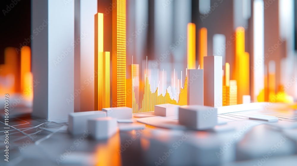 Poster a digital representation of urban data visualization with vibrant orange elements.