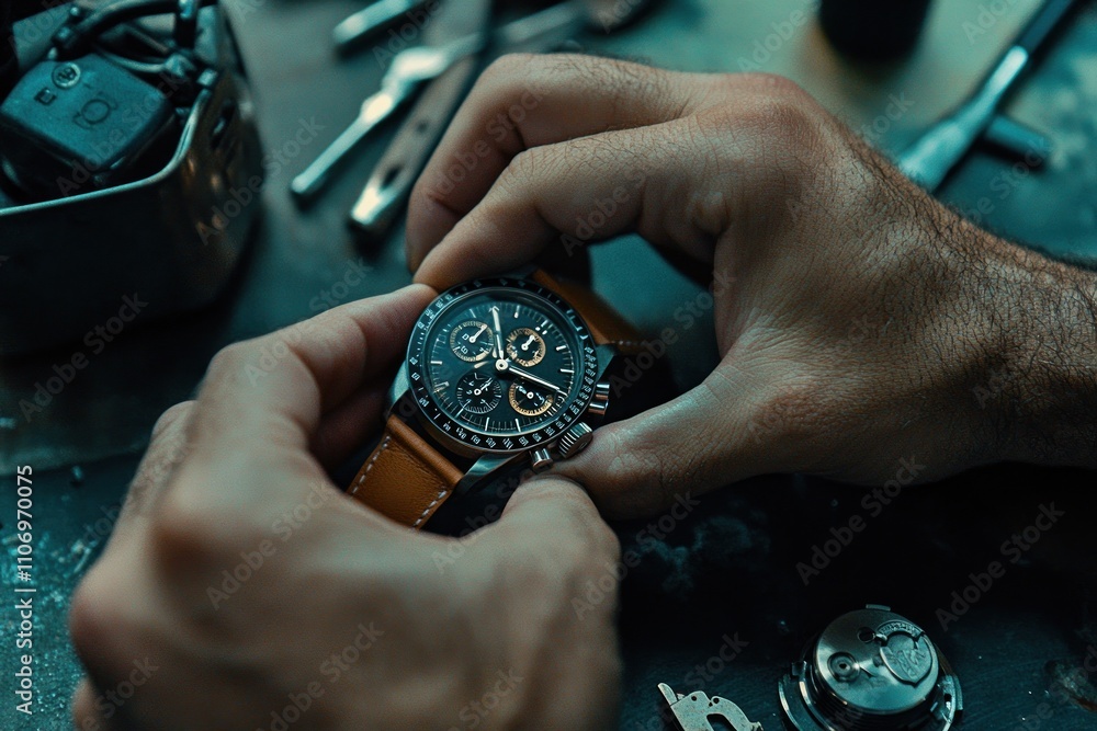 Poster a close-up of hands adjusting a watch in a workshop with tools nearby.