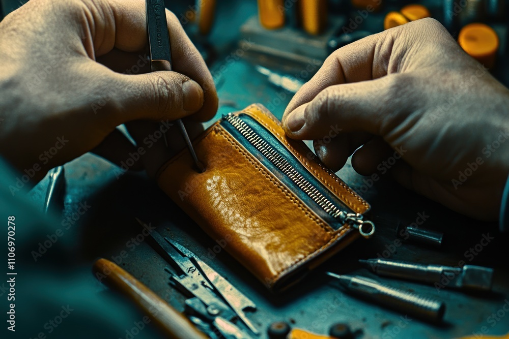Poster a craftsman meticulously working on a leather wallet with various tools around.
