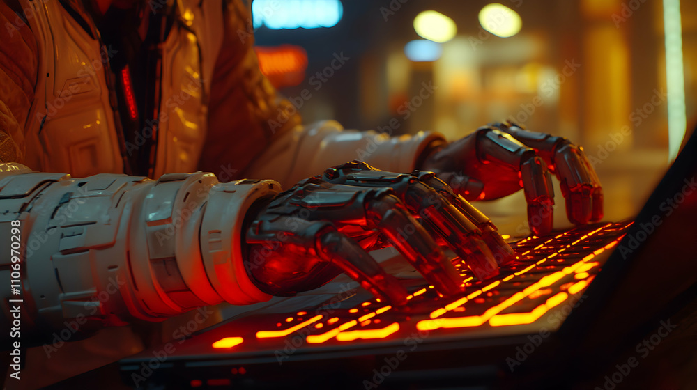 Poster cyberpunk robotic hands typing on glowing keyboard