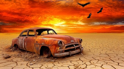 Post-apocalyptic desert wasteland with abandoned car and vultures