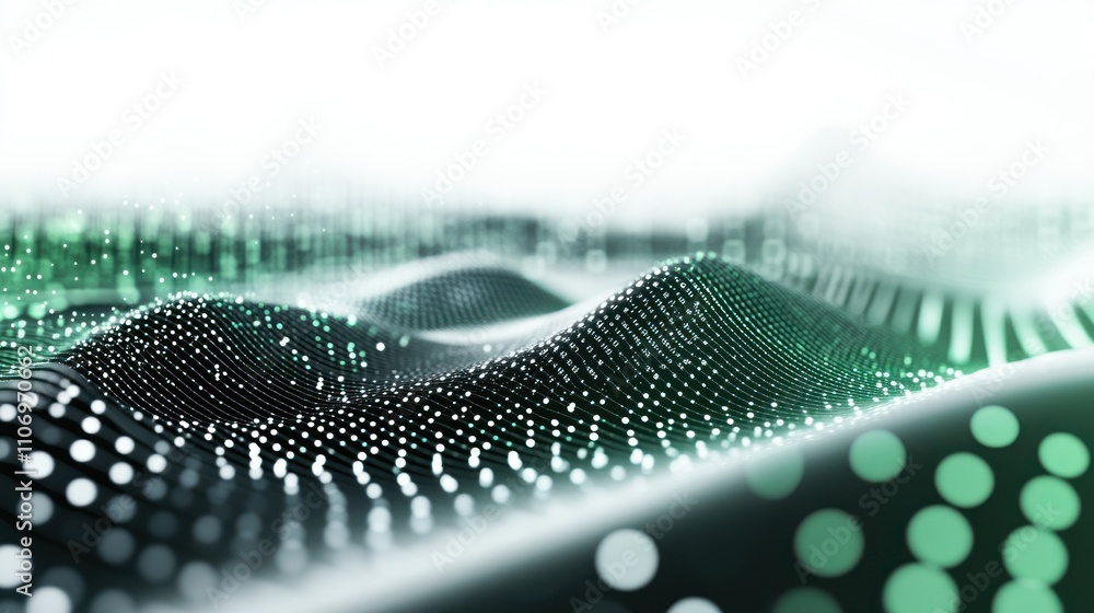 Poster abstract representation of digital waves with green and black dots, suggesting data flow.