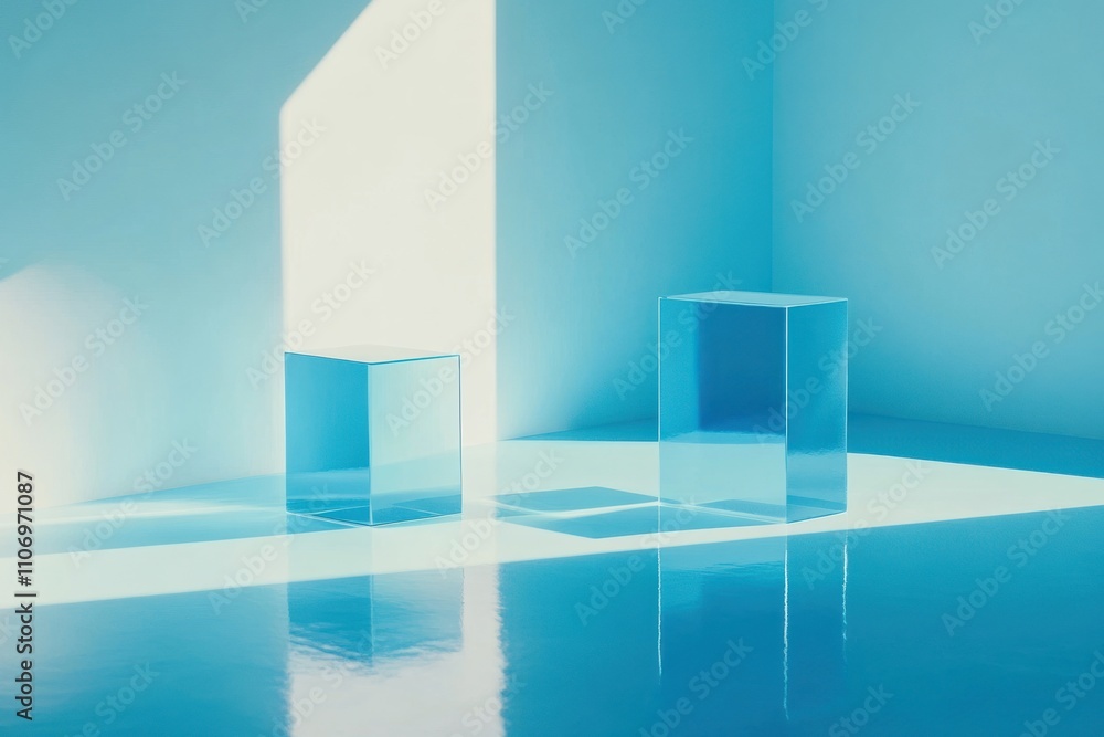 Poster a minimalist scene featuring transparent cubes casting shadows in a blue-toned environment.