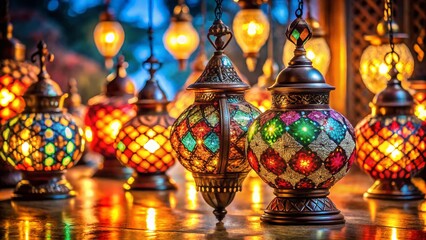 Illuminated Art Deco Inspired Indian Glass Lanterns Arrangement with Elegant Design Space for Text in a Stylish Interior Setting