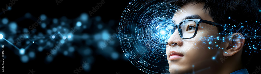 Poster abstract digital man, connecting mind & technology through futuristic interface, exploring data netw