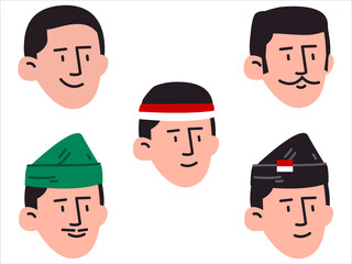 Indonesia heads character national patriotic men headwear beret hat cap boy Indonesian people happy smiling facial expression face ribbon flag red white design icons set colorful collection