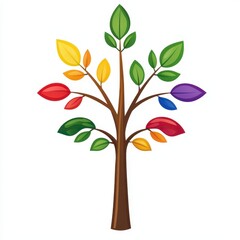 Obraz premium Vibrant and Colorful Tree Design with Leaf Variations in Red, Yellow, Green, Blue, and Purple Set Against a Simple White Background for Nature and Growth Themes
