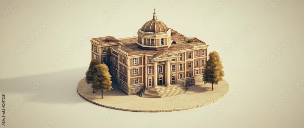 Poster a detailed architectural model of a building with a dome, surrounded by trees.