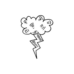 Cartoon hand-drawn illustration of a lightning bolt striking from a cloud.