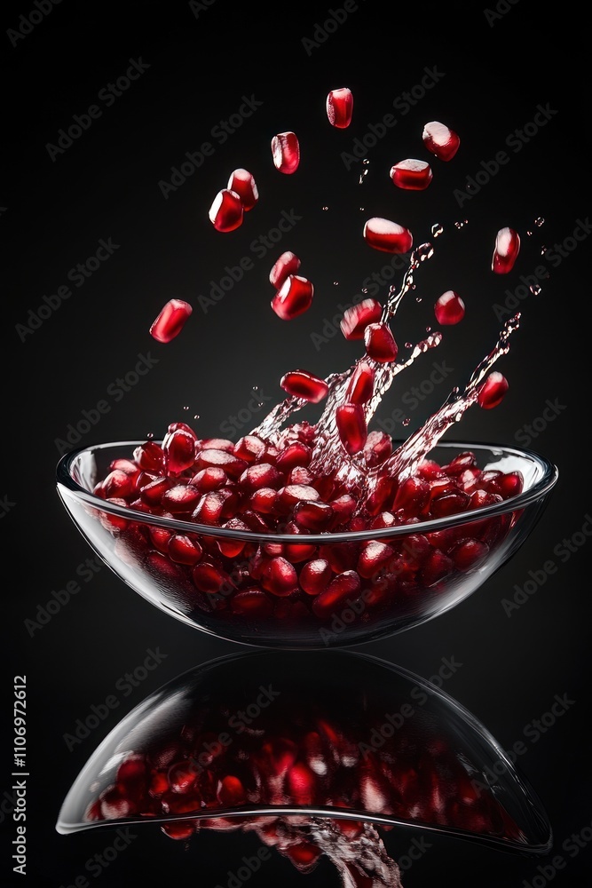 Poster A dynamic splash of pomegranate seeds in a glass bowl against a dark background.