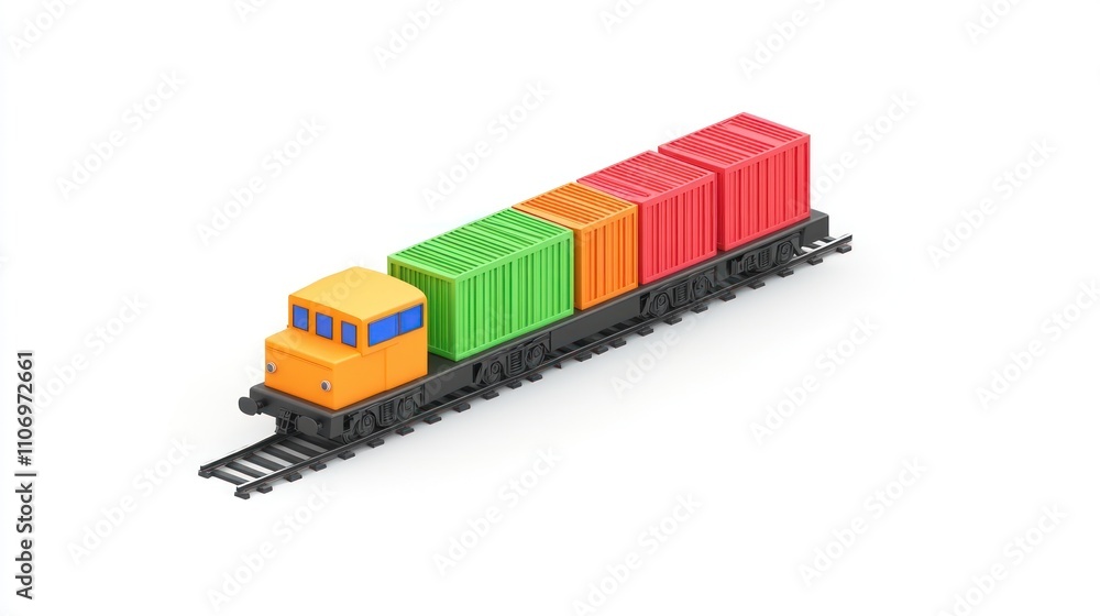 Poster a colorful freight train with stacked containers on a track.