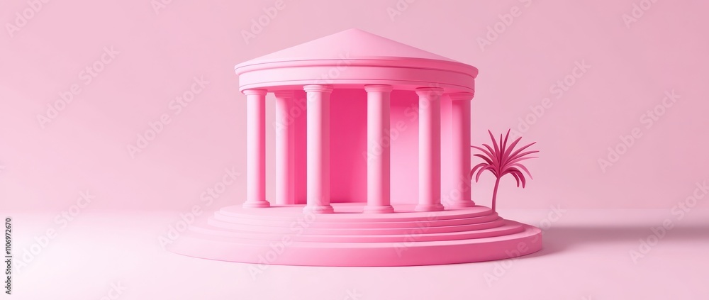 Poster A stylized pink building with columns and a palm tree against a soft pink background.