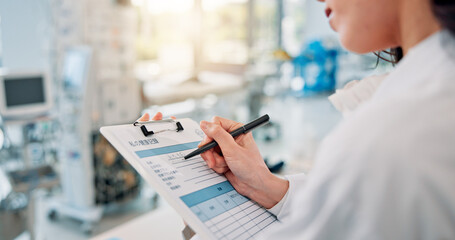 Clipboard, checklist and writing with woman in laboratory for medical, science study or future research. Healthcare, vaccine report and test with Japanese person for inventory, notes and results