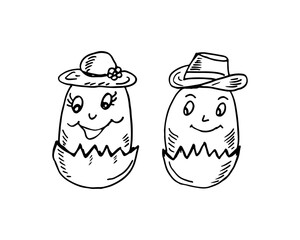 Cartoon doodle vector character of eggs with funny faces wearing hats.