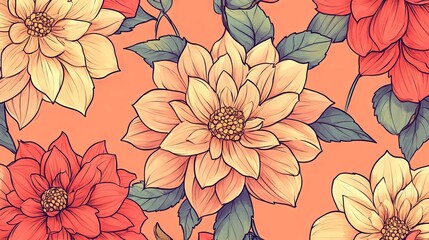 Seamless pattern with hand-drawn dahlia flowers intricate floral design for textiles, wallpapers, and decorative backgrounds
