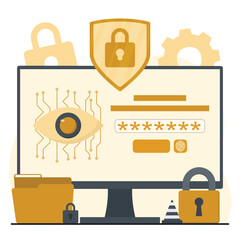 Cyber security concept. Data protection Computer monitor with padlock Vector illustration