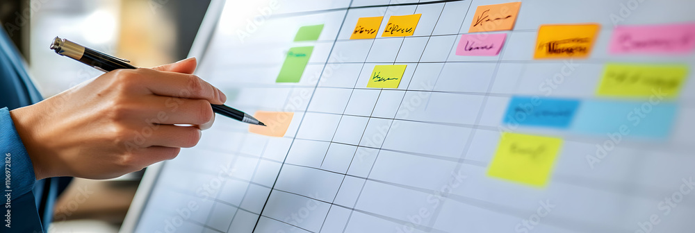 Poster hand writes on a project schedule with colorful sticky notes