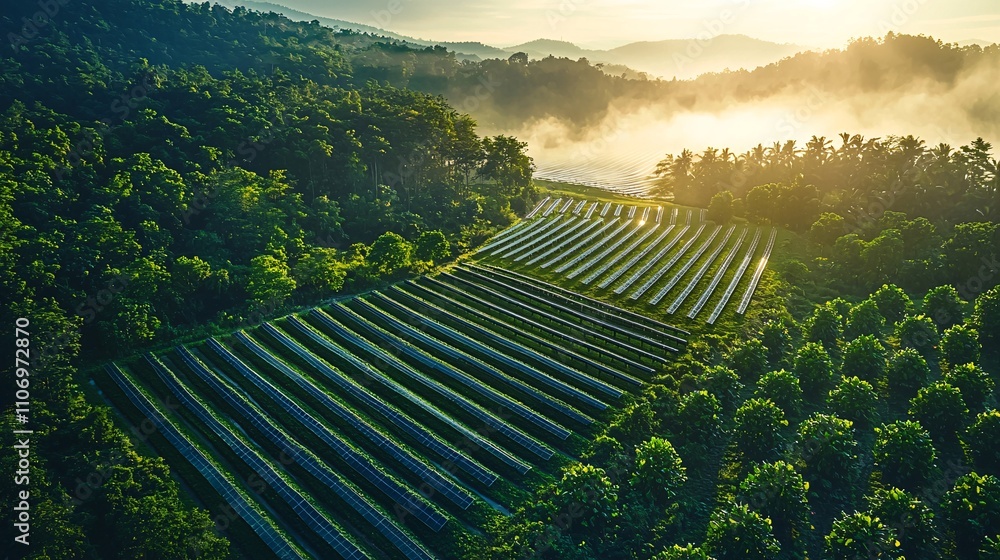 Poster an agricultural field using automated irrigation systems powered by solar energy stock photo with si