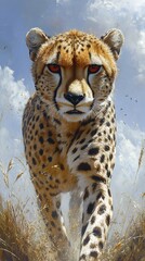 Obraz premium A powerful cheetah strides forward, showcasing its striking features and wild beauty.