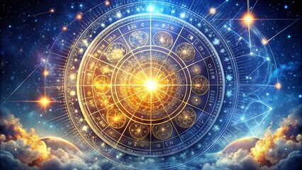 Zodiac wheel and celestial sky with radiant cosmic energy for astrology and horoscope design