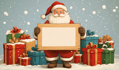 Illustration of Santa Claus holding a blank wooden sign surrounded by Christmas gifts. The atmosphere is full of joy during Christmas.