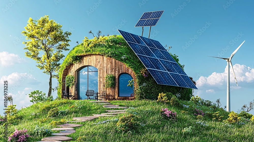 Poster a futuristic office powered entirely by renewable energy sources stock photo with side copy space