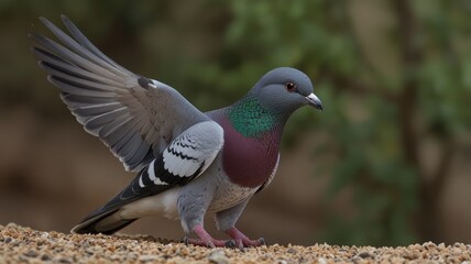 Fototapeta premium Rock dove with wings partially spread, perched on ground.