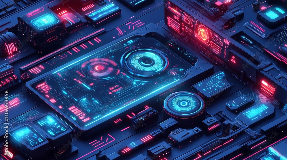 Poster futuristic tech device with glowing components.