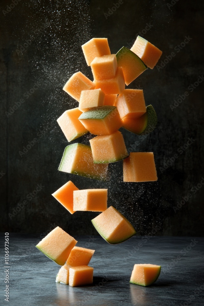 Poster A dynamic arrangement of floating cantaloupe cubes against a dark background.