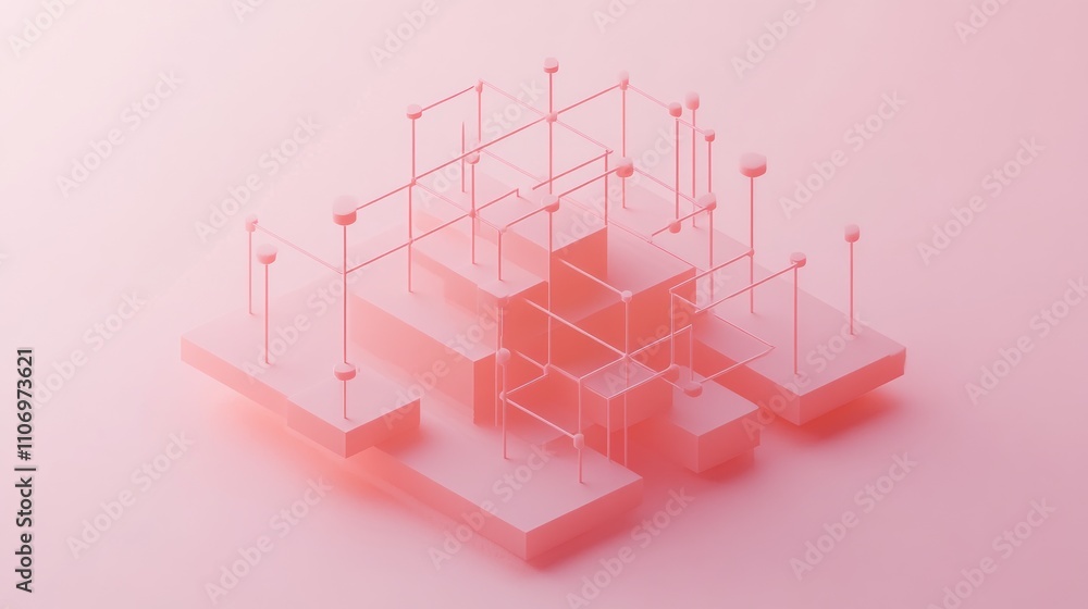 Aufkleber Abstract geometric structure with interconnected forms and a soft pink gradient background.