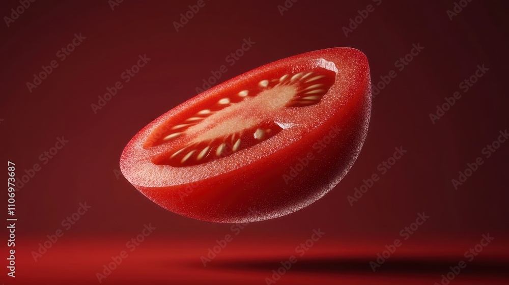 Poster a floating slice of a ripe tomato against a red background, showcasing its texture and seeds.