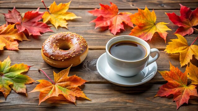Autumn morning with coffee and donut surrounded by vibrant fall leaves for seasonal design
