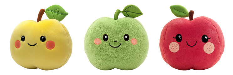 Cute Plush Apples in Yellow, Green, and Red Colors Isolated on transparent background