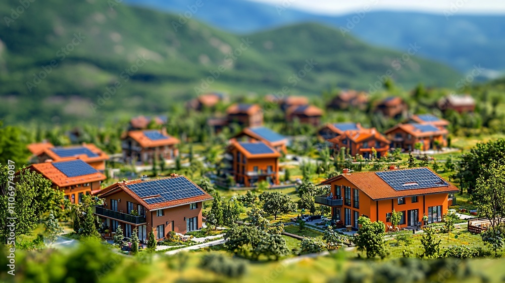 Aufkleber A community project integrating solar panels into residential areas for shared energy use Stock Photo with side copy space