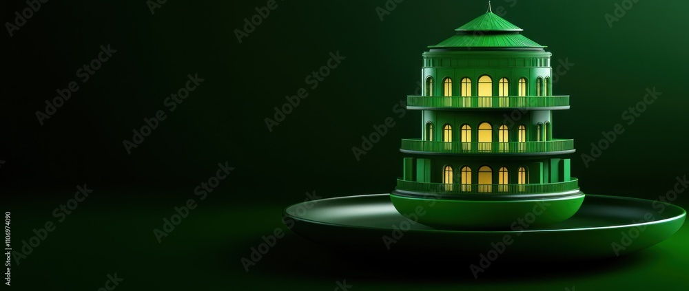 Aufkleber a green, layered structure with glowing windows on a circular plate against a dark background.