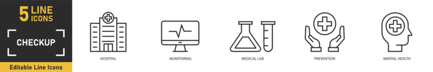 Fototapeta premium Checkup line icon set. Set of 5 outline icons related to hospital, monitoring, medical lab, prevention, mental health and more. Vector illustration.