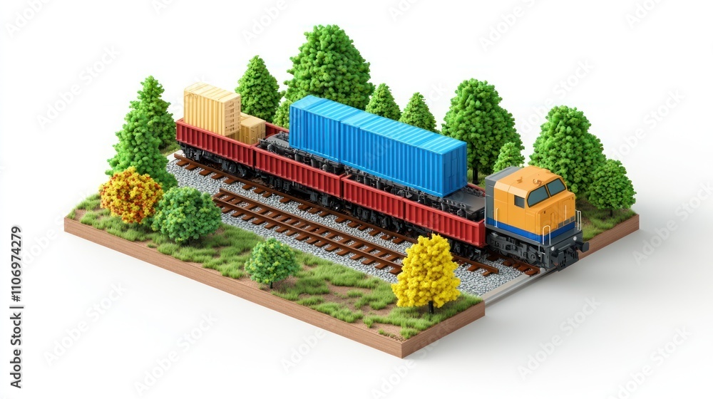 Poster a model train scene featuring cargo containers on a railway track surrounded by trees.