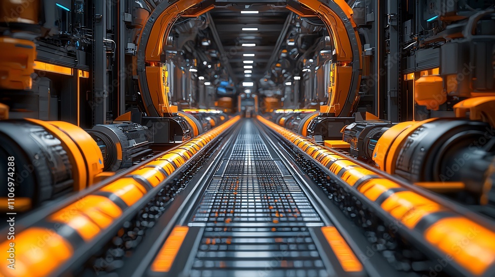 Poster A futuristic eco-friendly production line using advanced automation Stock Photo with side copy space